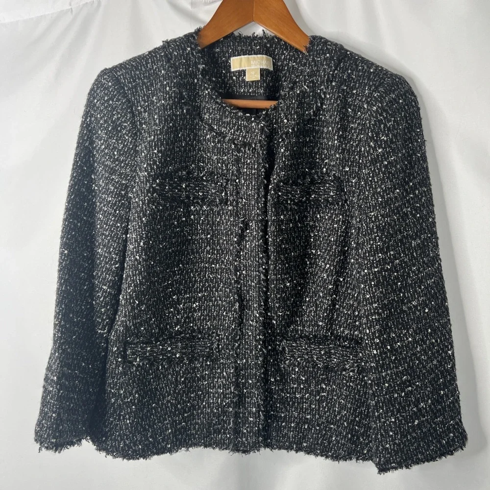 Michael Kors Women's 12 Tweed Cropped‎ Blazer Jacket Black White Snap